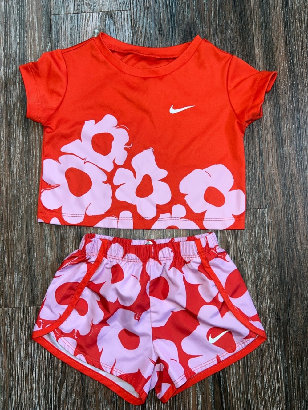 Nike Red and Pink Floral Dri-Fit Tee + Shorts Set